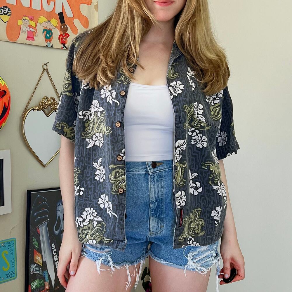 Vintage 1990s Colo Wear Grey Dragon Hawaiian Shirt Men's Size XL Large